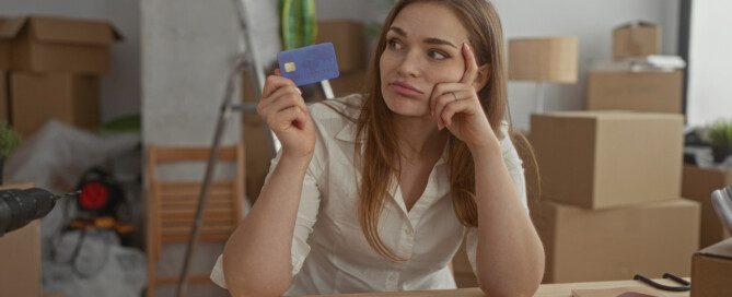 A woman in a white button-down shirt rests her elbows on a faux wooden surface and pouts while eyeing a blue credit card.