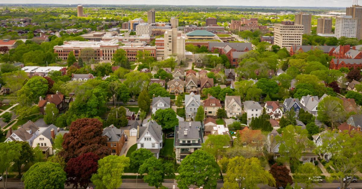 Buildings lining Summit Avenue and Hartford Street, and the University of Wisconsin campus stretched across Milwaukee.