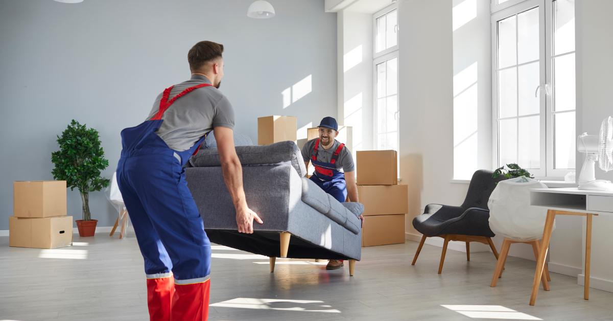 Two movers carry a gray sofa in a bright room with large windows, stacked boxes, a potted plant, and light wood flooring.