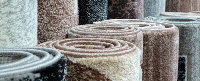 A close-up of rolled carpets in neutral tones like beige, gray, and black, showcasing varied textures and patterns.