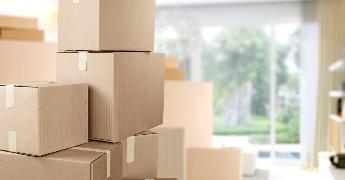 A stack of taped cardboard moving boxes fills a bright room as sunlight shines through a large window.